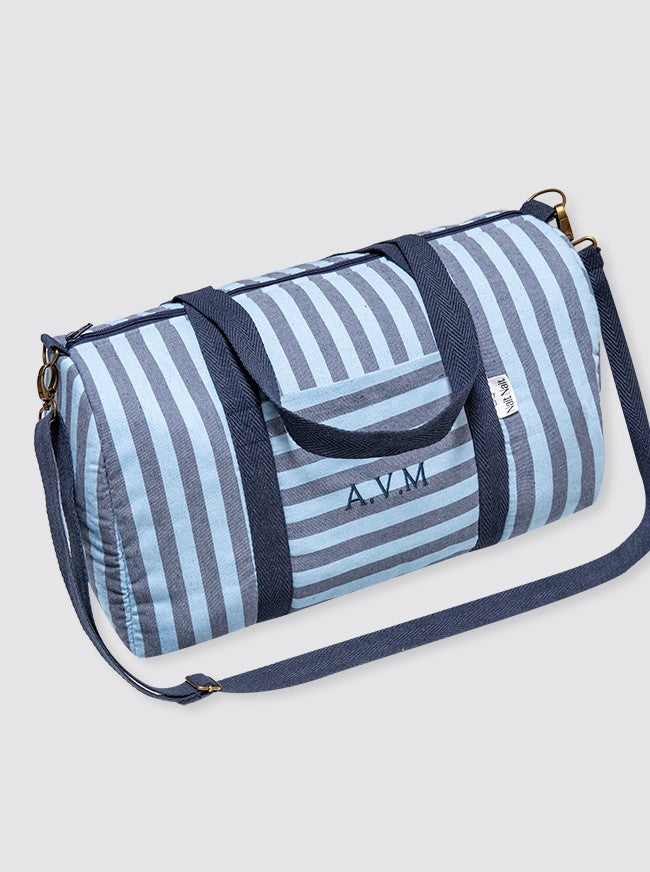 Denim and Light Blue Striped Travel Bag