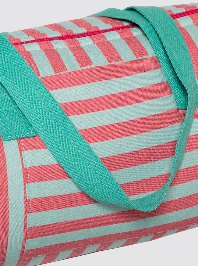 Green and Pink Denim Striped Travel Bag