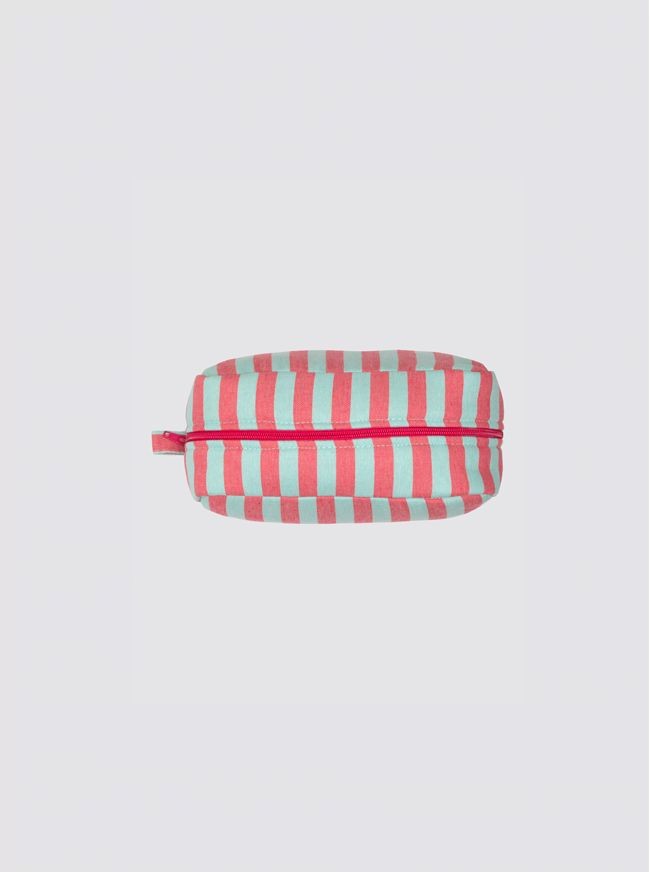 Small Striped Denim Toiletry Bag in Green and Pink
