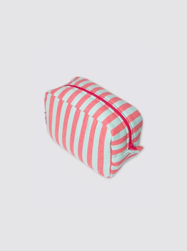 Small Striped Denim Toiletry Bag in Green and Pink