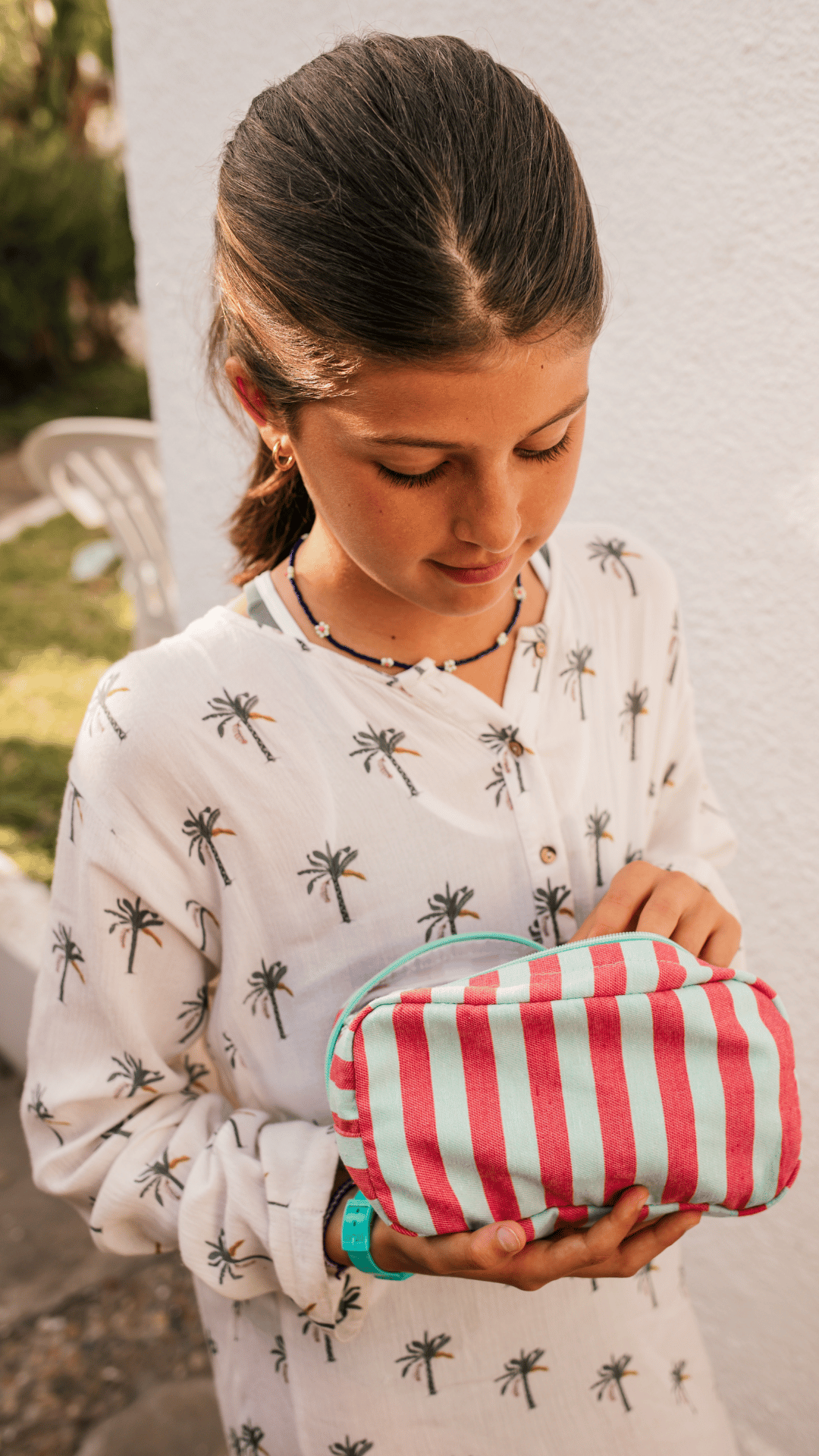 Small Striped Denim Toiletry Bag in Green and Pink
