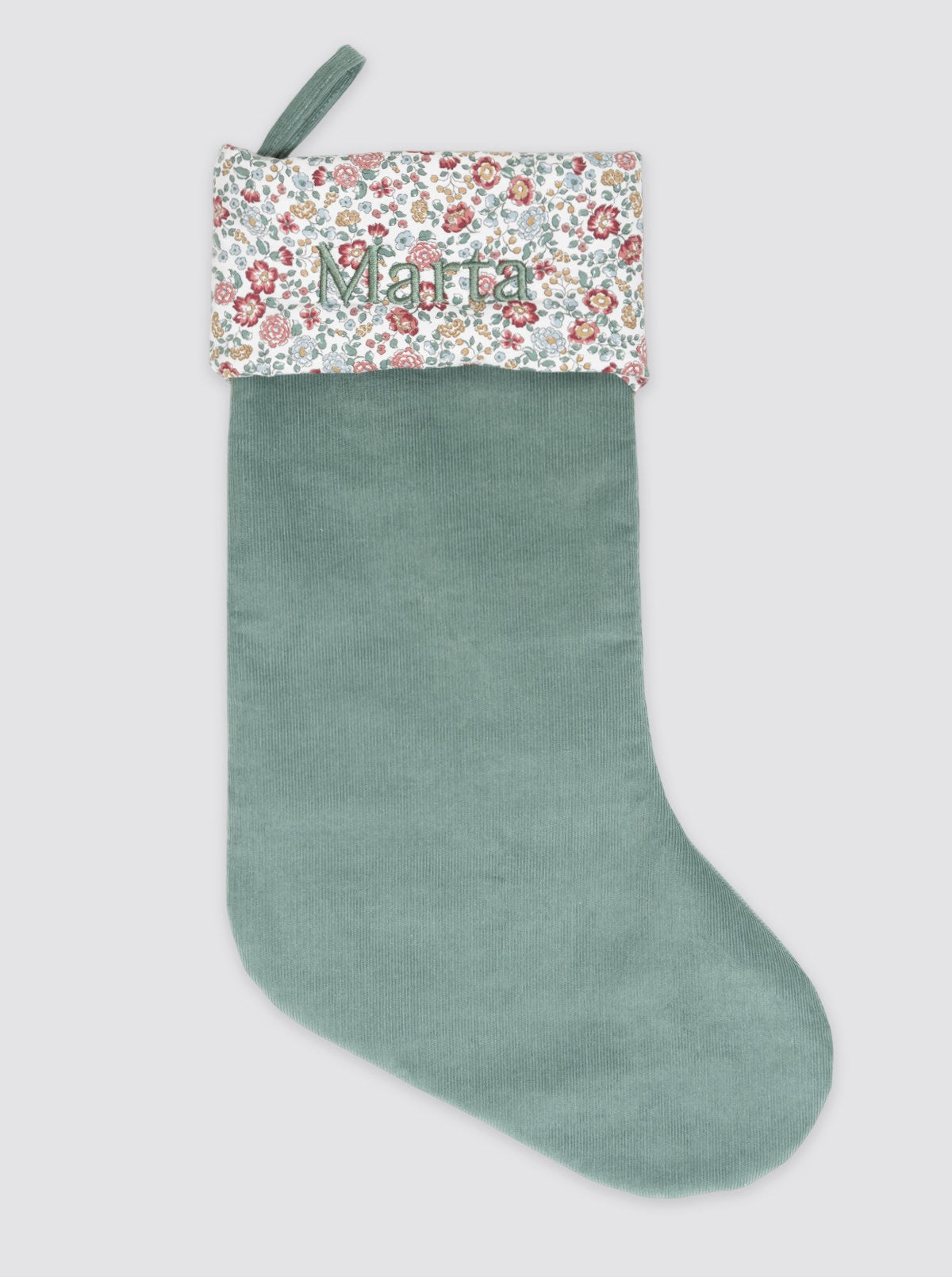 Green Corduroy Christmas Stocking and Burgundy Nina