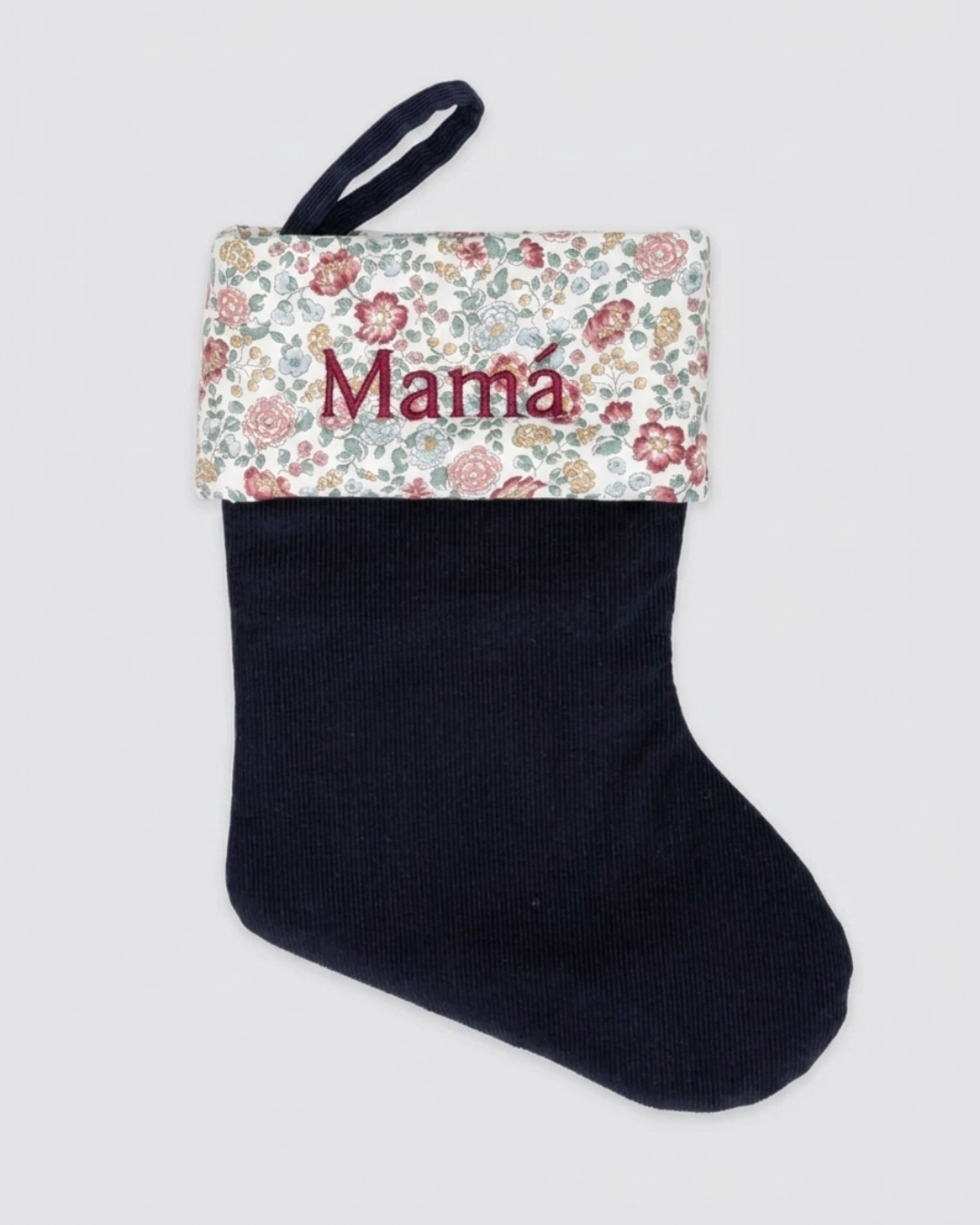 Small Christmas Stocking, Blue Corduroy and Burgundy Nina