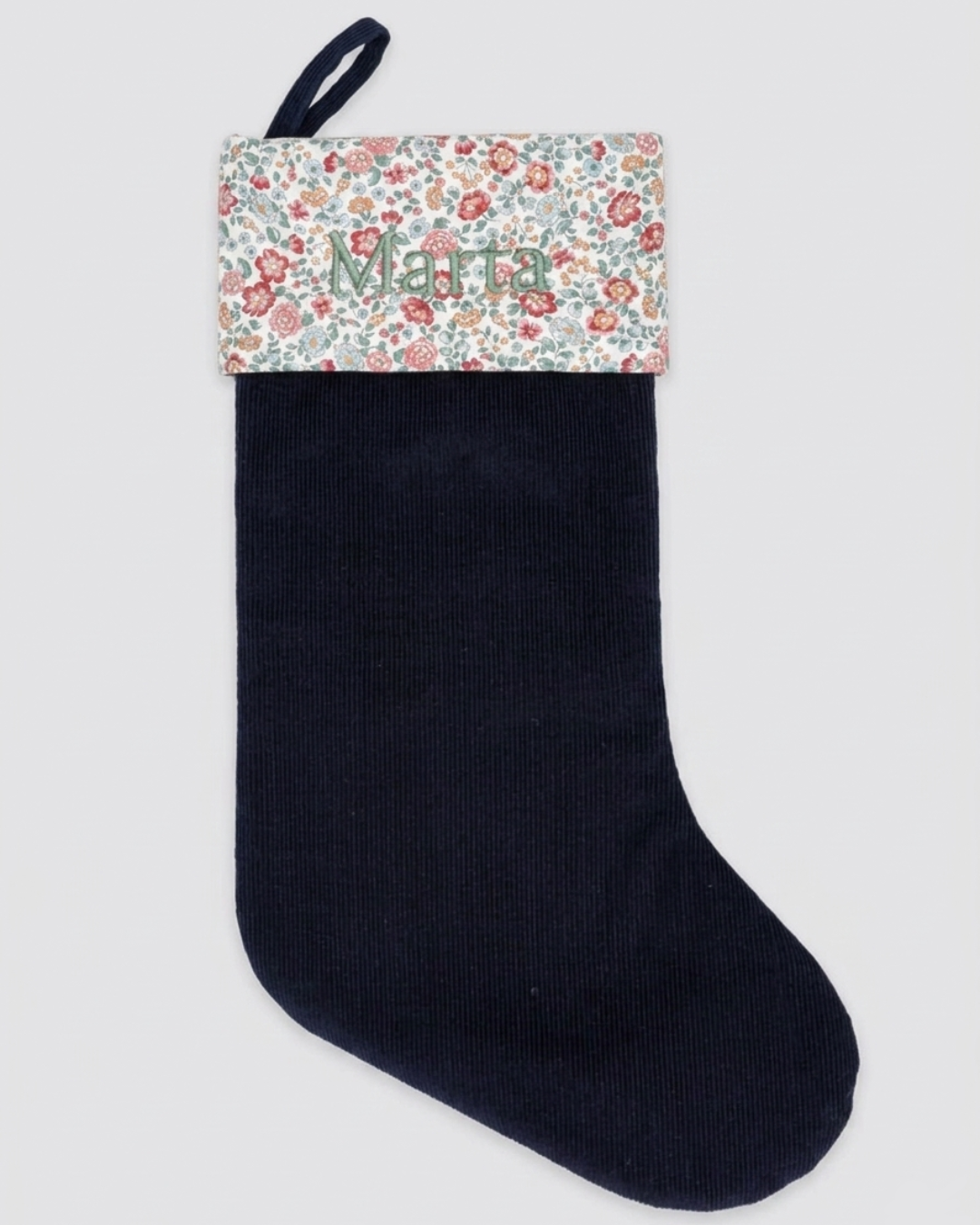 Blue Corduroy Christmas Stocking and Burgundy Nina
