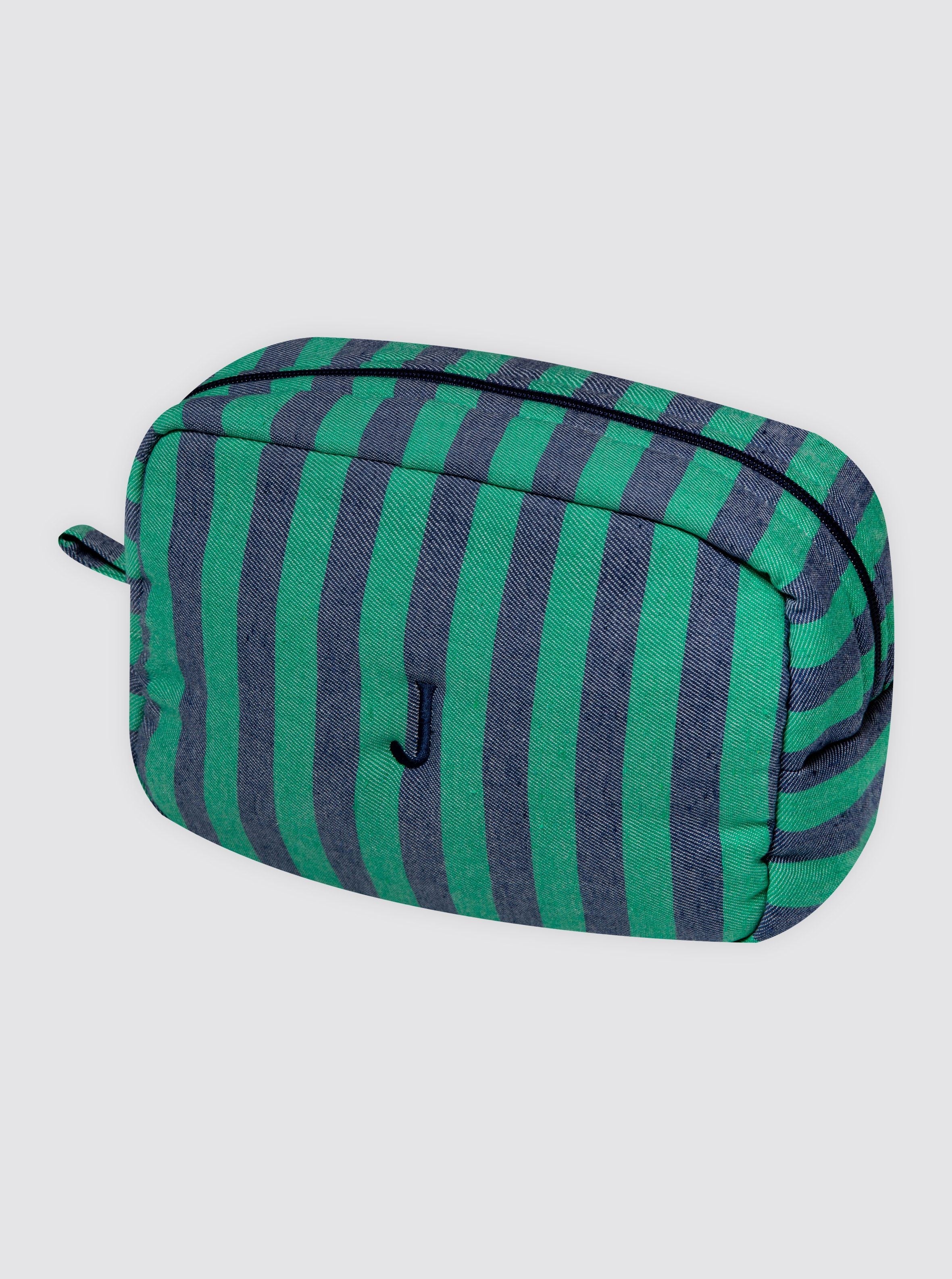 Trousse de toilette en denim et rayures vertes