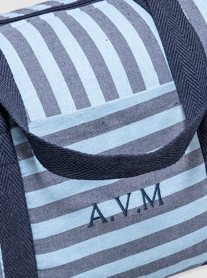 Denim and Light Blue Striped Travel Bag