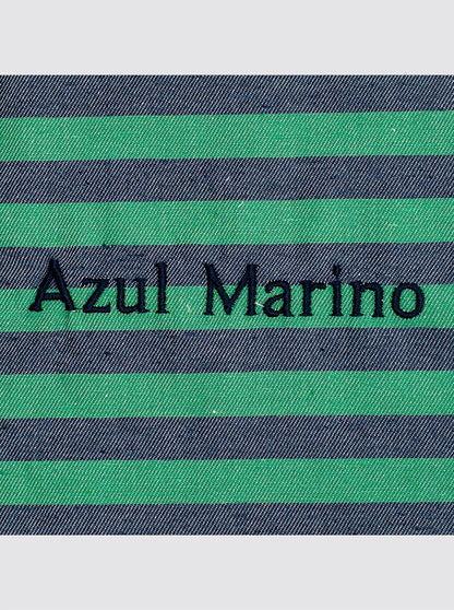 Petite trousse de toilette en denim rayé bleu et vert