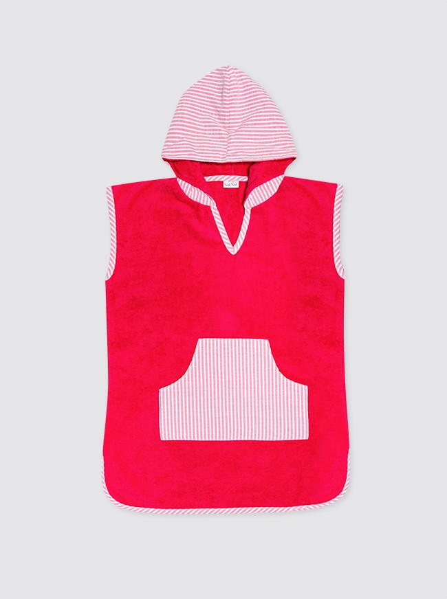 Poncho de plage avec poche, rayé, rose fraise