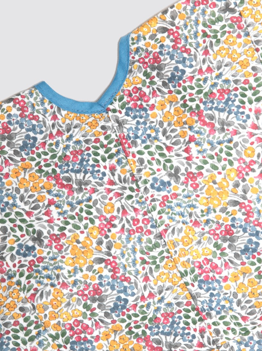 Blouse bébé à poche, fleurs de mimosa, bordure en biais, bleue