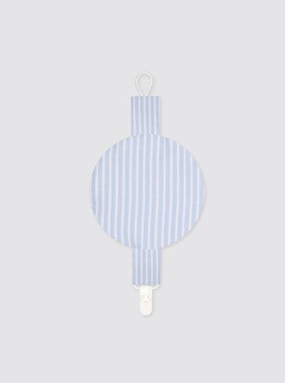 Pacifier clip with pocket, light blue striped piqué fabric