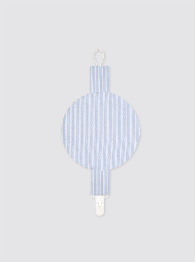 Pacifier clip with pocket, light blue striped piqué fabric