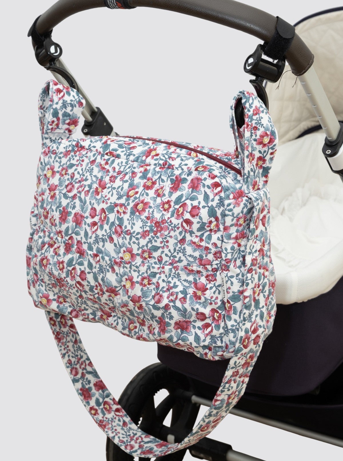 Grand sac à roulettes à motif floral en velours côtelé bordeaux