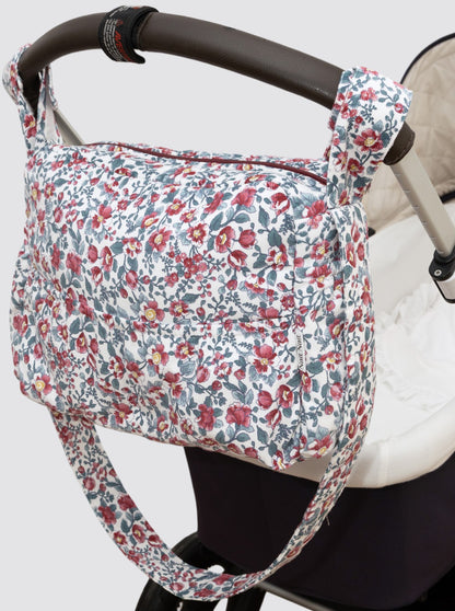 Grand sac à roulettes à motif floral en velours côtelé bordeaux