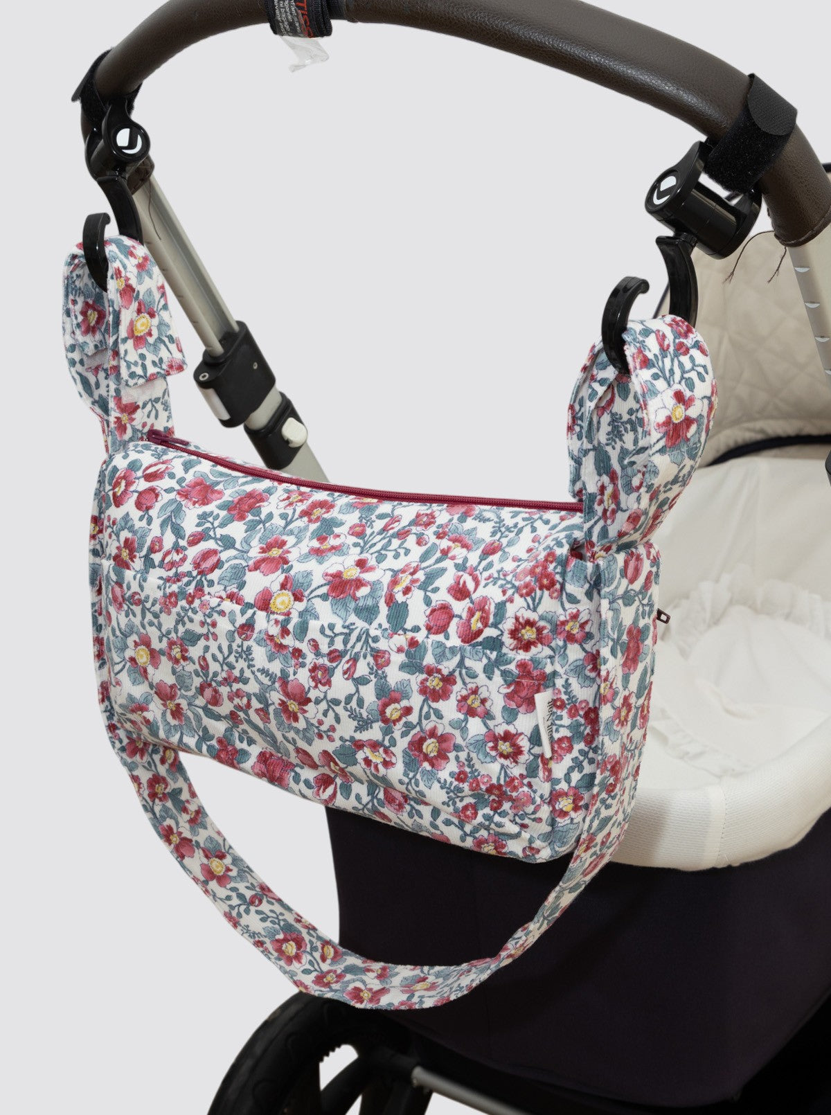 Petit sac à roulettes à motif floral en velours côtelé bordeaux