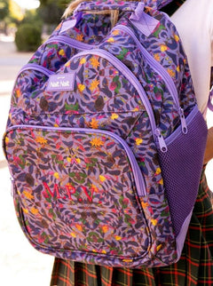 Grand sac à dos violet à motifs botaniques